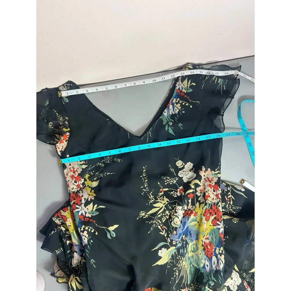 Dress Sz 6 Black Floral Asymmetrical Hem Drop Waist Whimsy Fairy Romantic - Picture 8 of 10